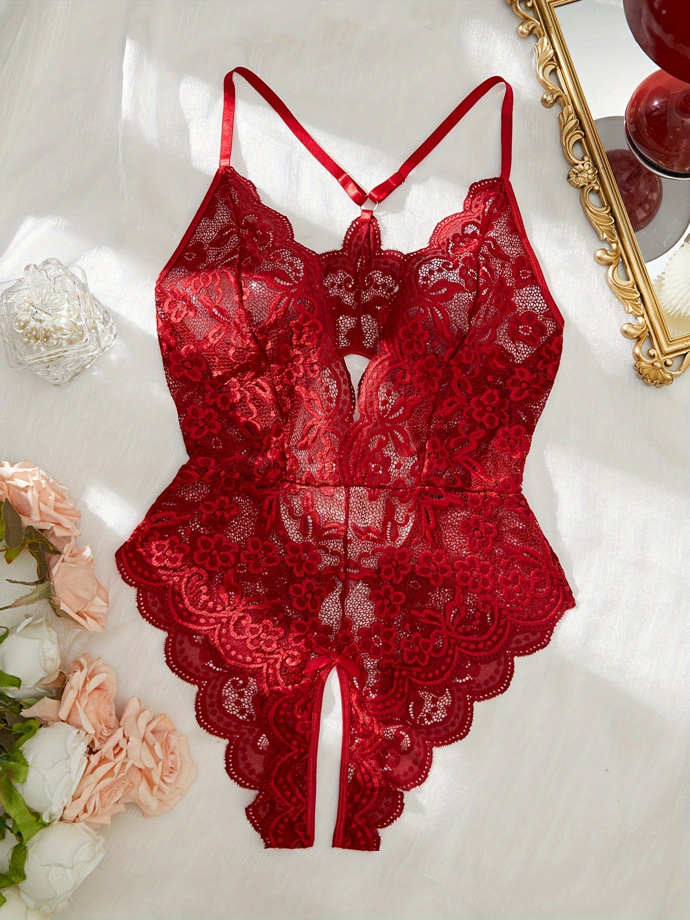 Bakli Elegant Red Lace Bodysuit: Vintage-inspired, stretchy teddy with floral patterns and scalloped trim, hand washable.