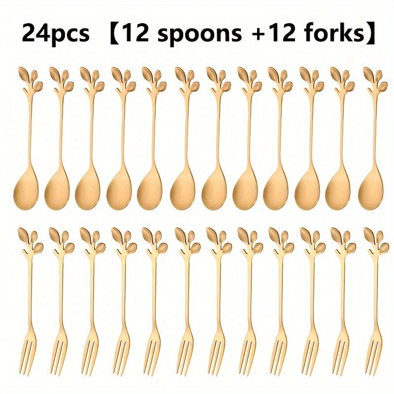 Leaf-shaped dessert spoons and forks in 24-pack, 12-pack, and 6-pack sizes for home and commercial use. Ideal for stirring, couple gifts, birthdays, parties, cakes, salads, and dinner gatherings. Trendy and stylish design.