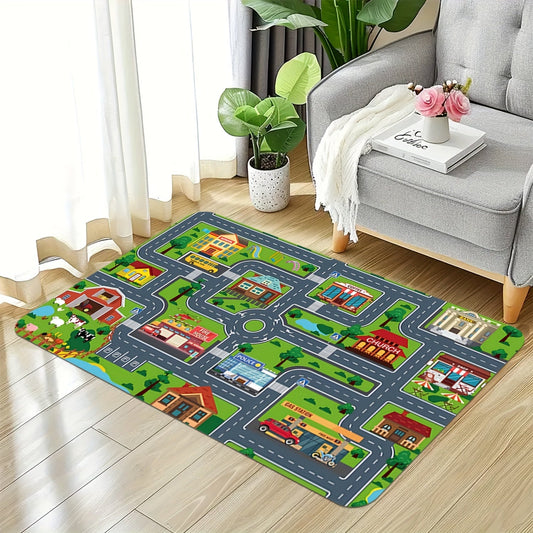 Soft polyester car track game mat for living room, bedroom, or office. This washable, non-slip comfort carpet is fade-resistant and available in multiple sizes. Perfect for playrooms, indoor/outdoor entrances, and home decor.