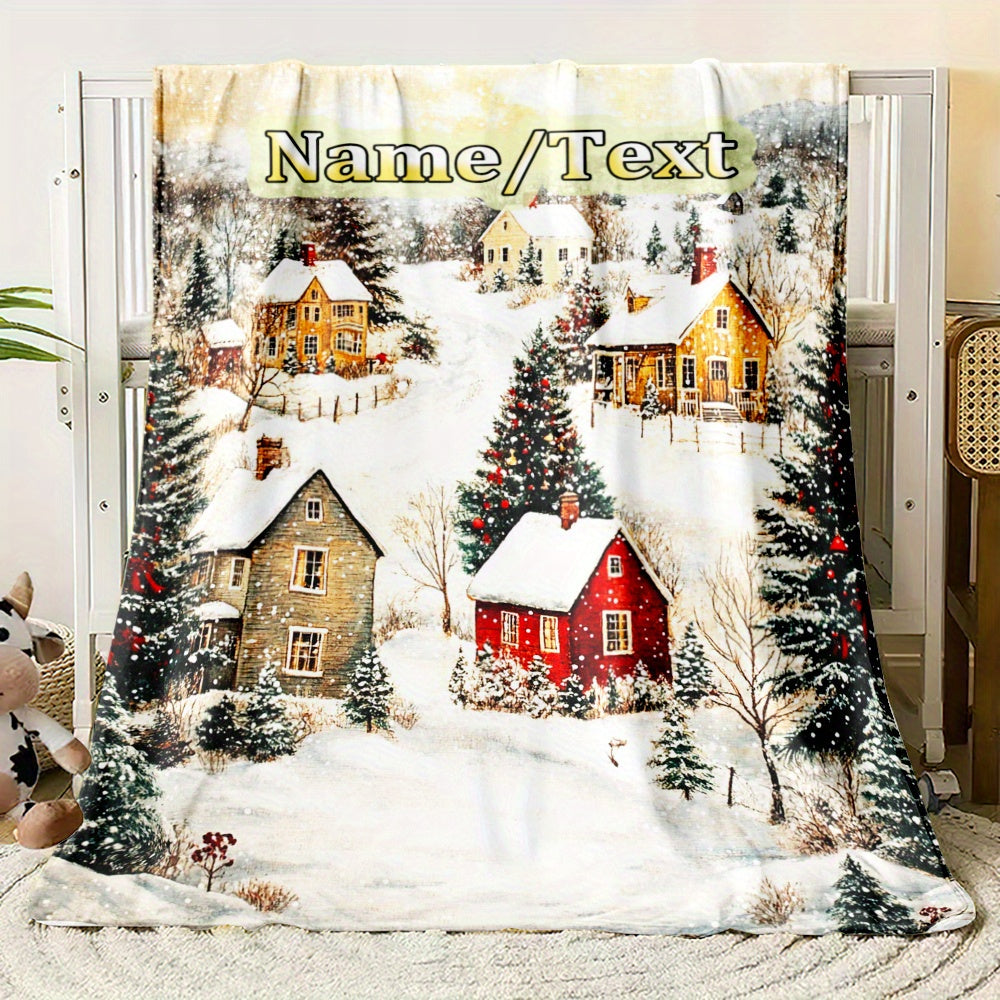 Stay warm and cozy with our customizable winter scene fleece blanket! Made from soft and warm polyester fabric, this blanket is perfect for snuggling up on the sofa, bed, or even bringing along on your travels. It is great for any room in your home or