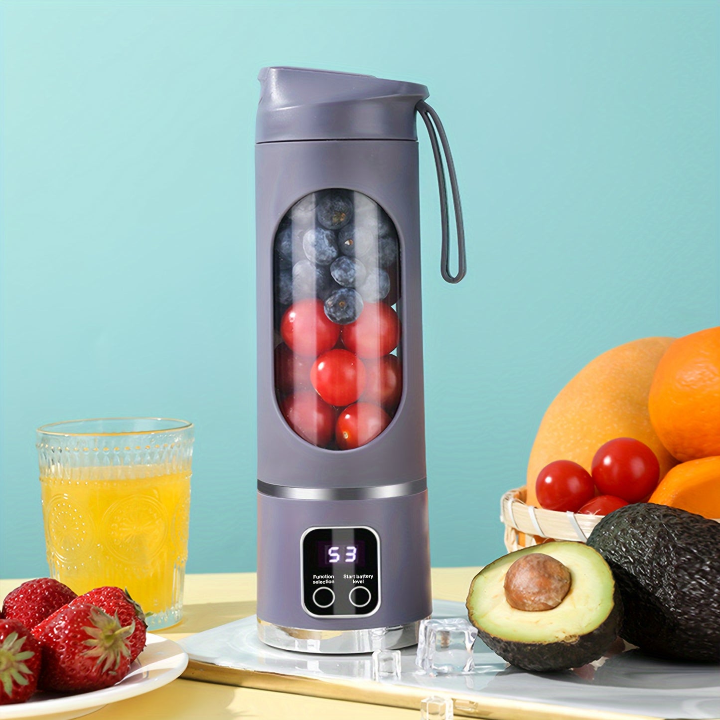 Portable Genai HS-860 citrus juicer with 450ml capacity, USB rechargeable, detachable design, non-slip base, push-button control, easy to clean, food-grade ABS cup.