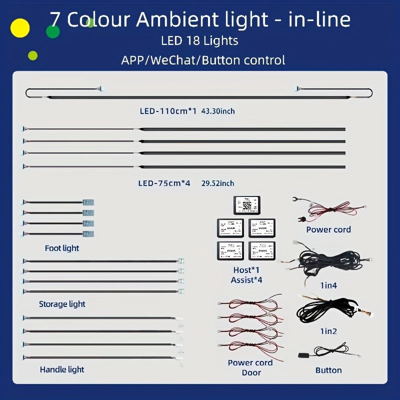 WRWD RGB Symphony LED Car Ambient Lights with App Control; Universal 12V interior decoration, multiple modes; Hard wiring, non-waterproof, no battery needed.