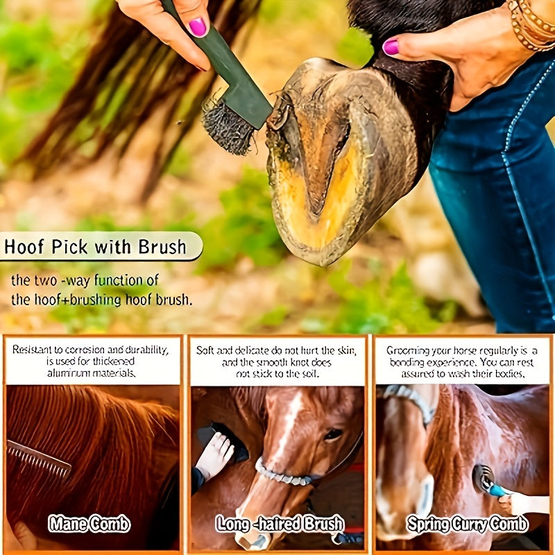 10-piece horse grooming kit made of PP material for full body cleaning, includes curry comb, brushes, mane & tail comb, and hoof pick. Ideal for horses and ponies.