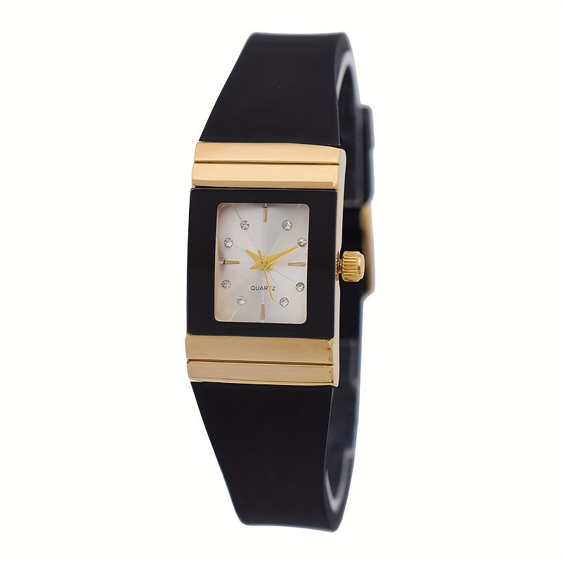 Square black and gold silicone band watch for women