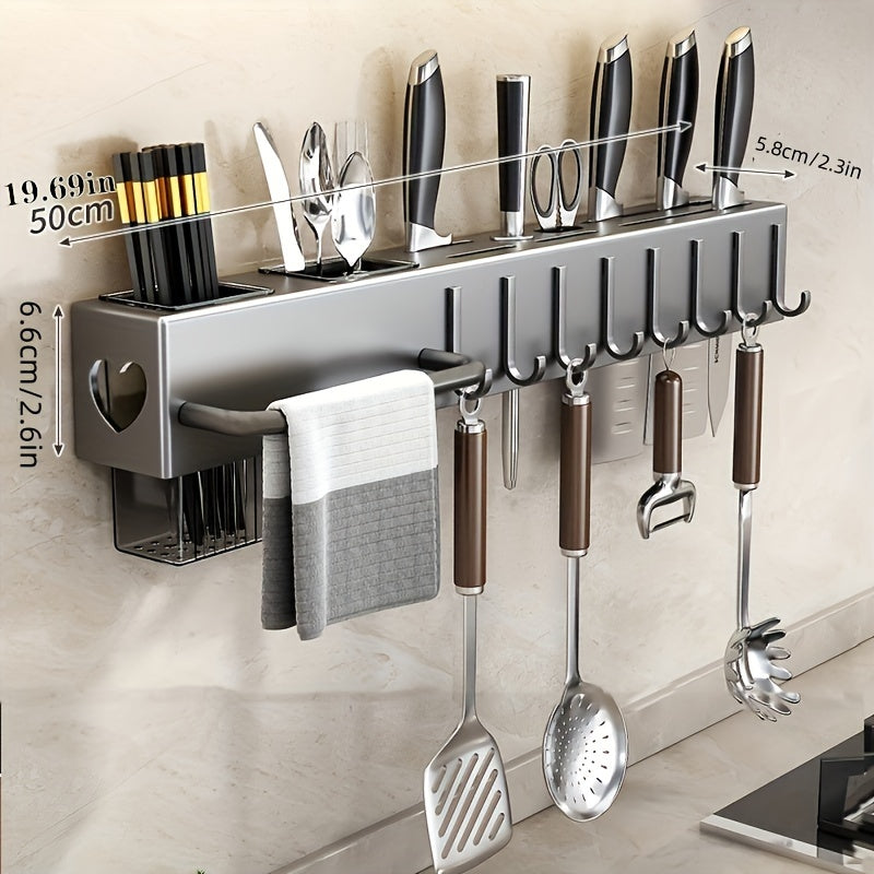 Deluxe kitchen utensil rack organizer with wall-mounted metal and plastic storage shelf for knives, cutlery, and tools. Space-saving, no-drill installation, easy cleaning, and