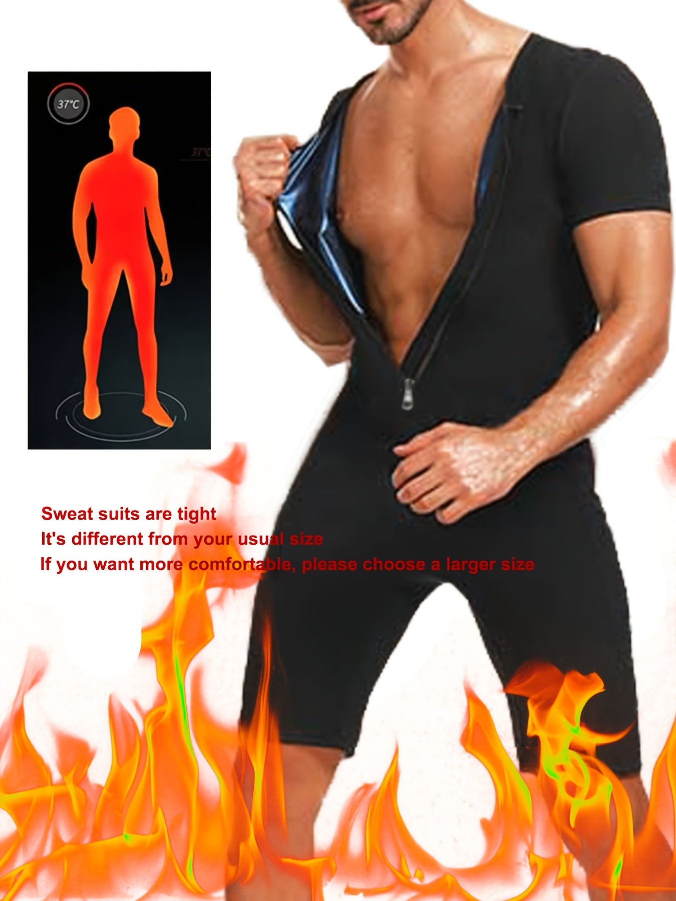 Men's full body sweat suit for training, shaped for fitness, made from breathable polyester with zipper top. Ideal for gym, yoga, hiking, and camping in all seasons.