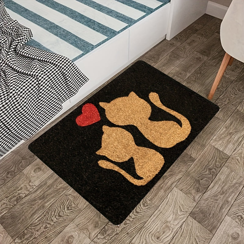 Heart Design Doormat with Cute Cat - Easy to Clean, Machine Washable, Stain Resistant, Polyester Rectangular Rug for Bedroom and Farmhouse Entryways.