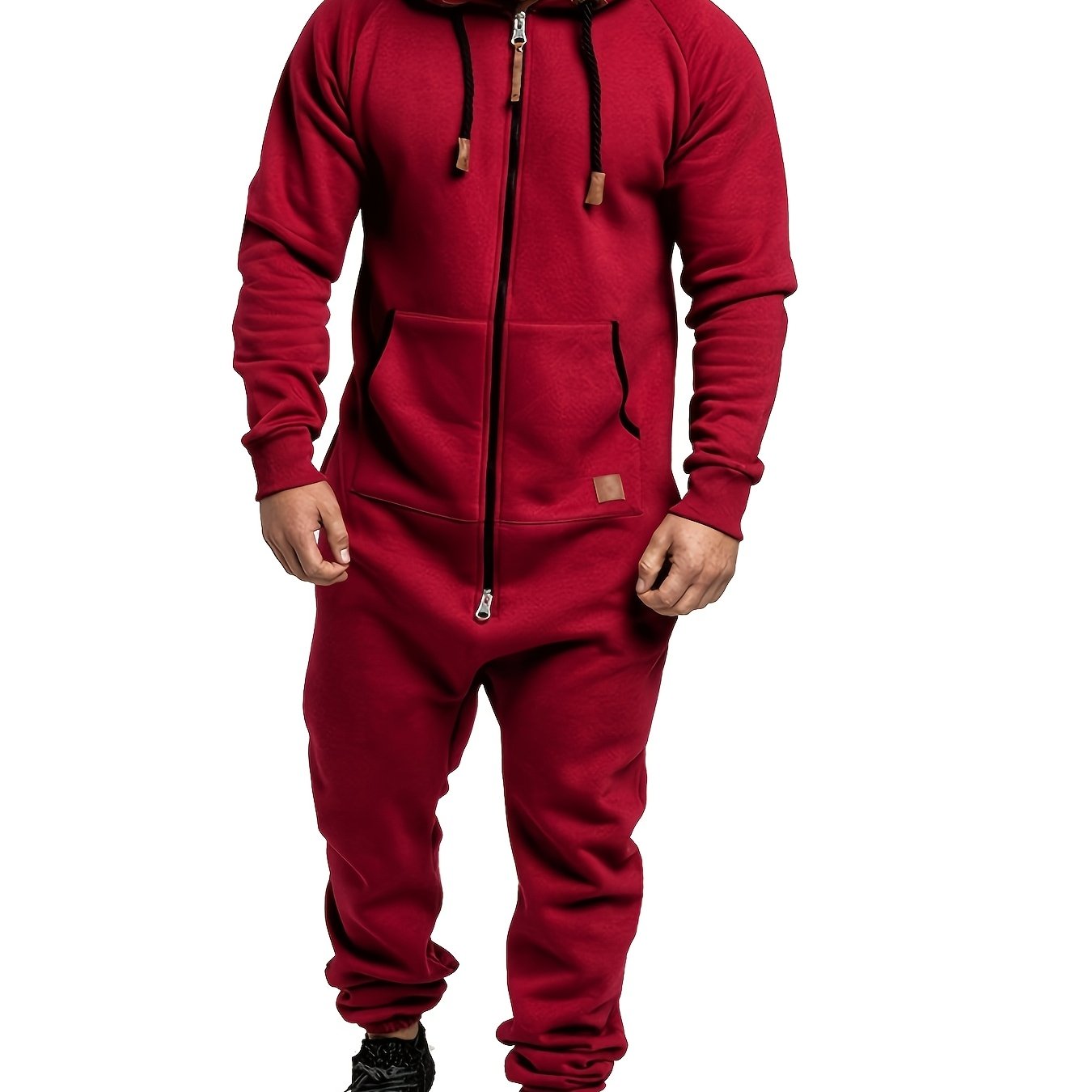 Men's Winter Pajama Jumpsuit - Solid color, long sleeved knit fabric, 100% polyester, hooded collar, with pockets and slight stretch. Comfortable lounge wear.