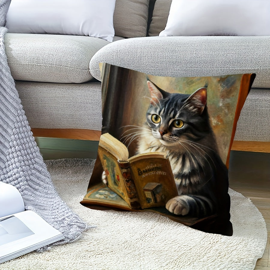 Peach skin pillowcase with cute cat reading book design, ideal for home, car, or living room decoration