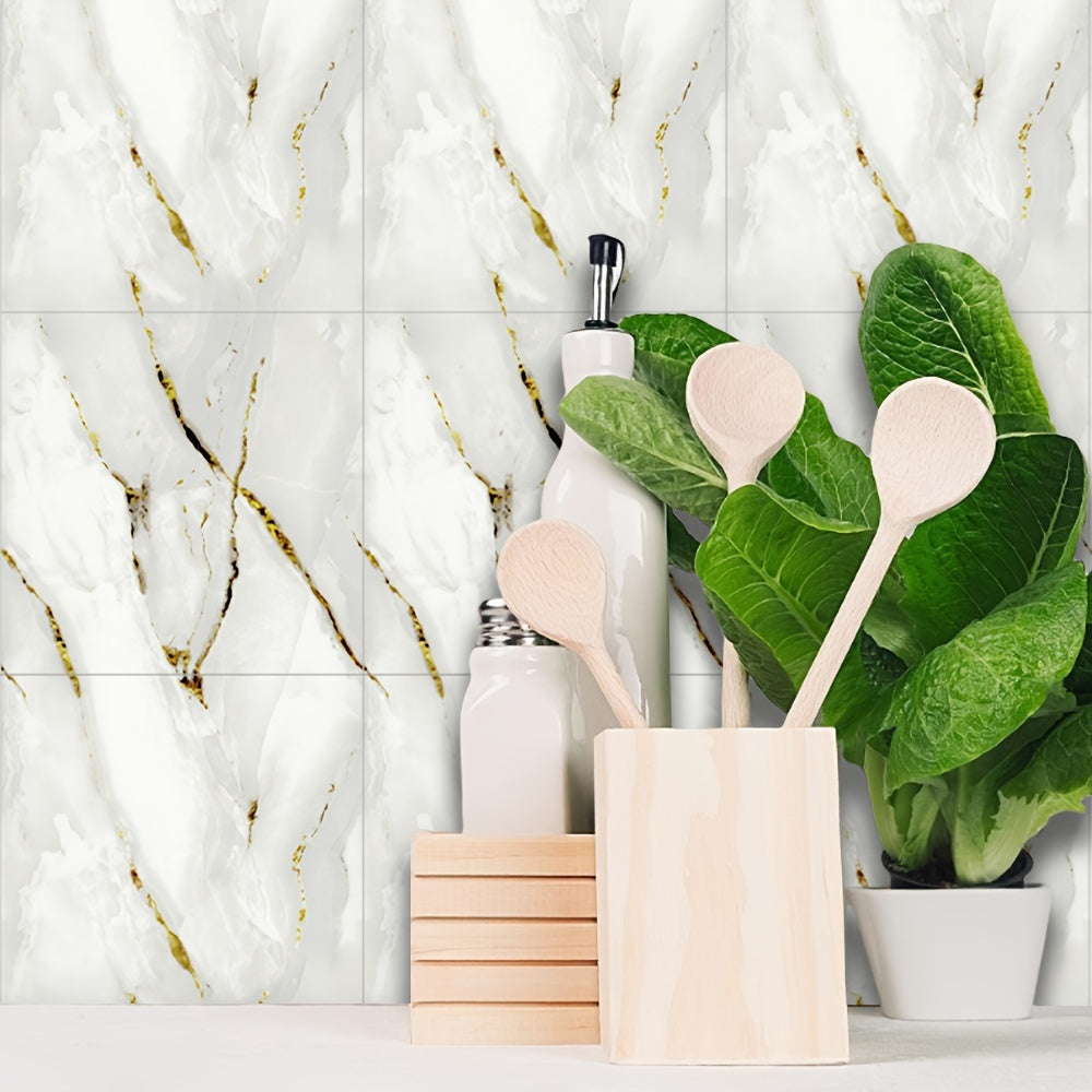 30 self-adhesive marble effect wall tile stickers for kitchen and bathroom decor, waterproof PVC, cuttable and peelable, in gray and golden design.