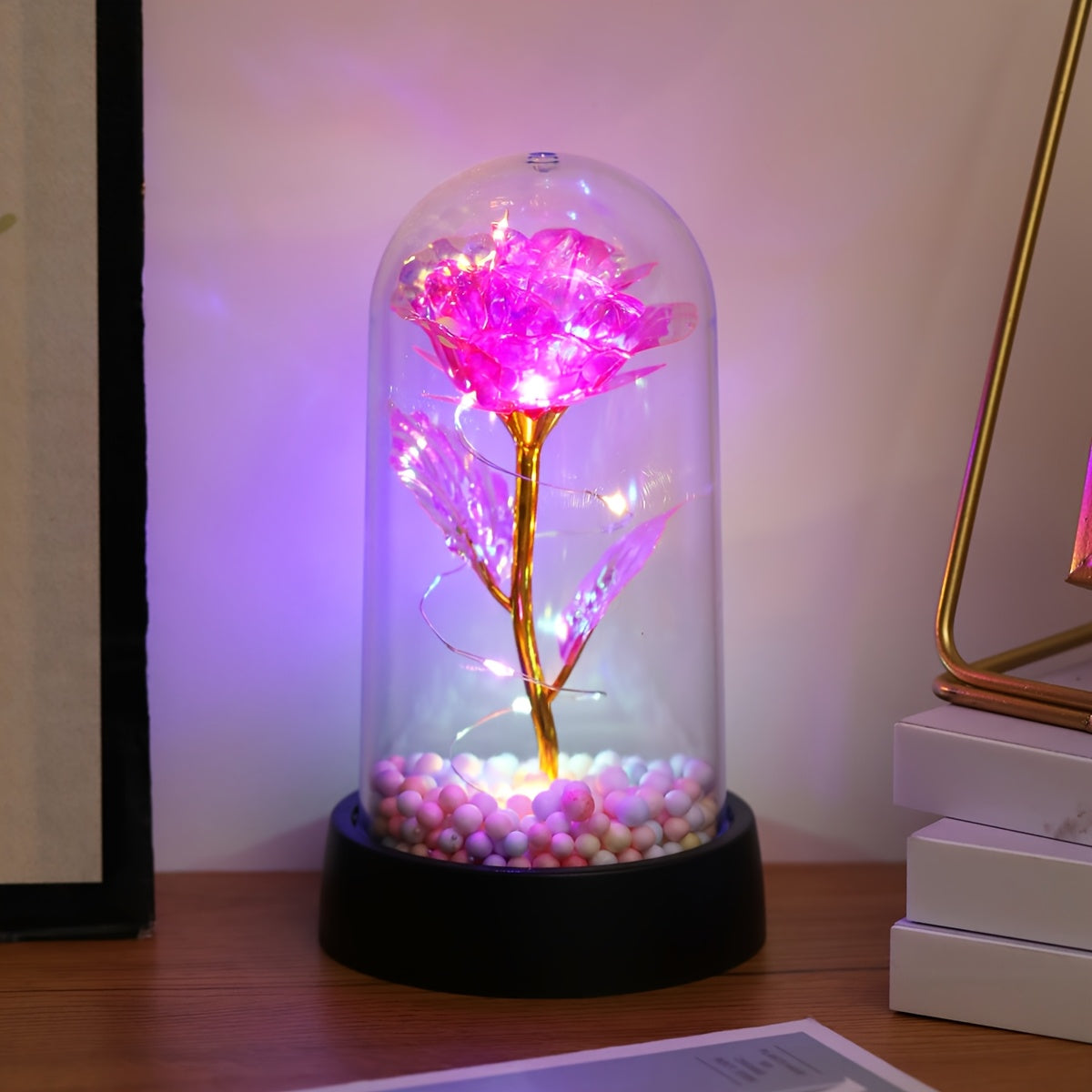 Modern LED Rose Flower Night Light with Golden Foil Accents, Battery Operated for Bedroom Decor, Special Occasions, and Gifts.