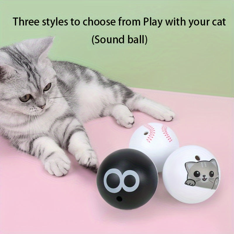 Interactive cat toy ball that makes sounds, perfect for entertaining cats without batteries.