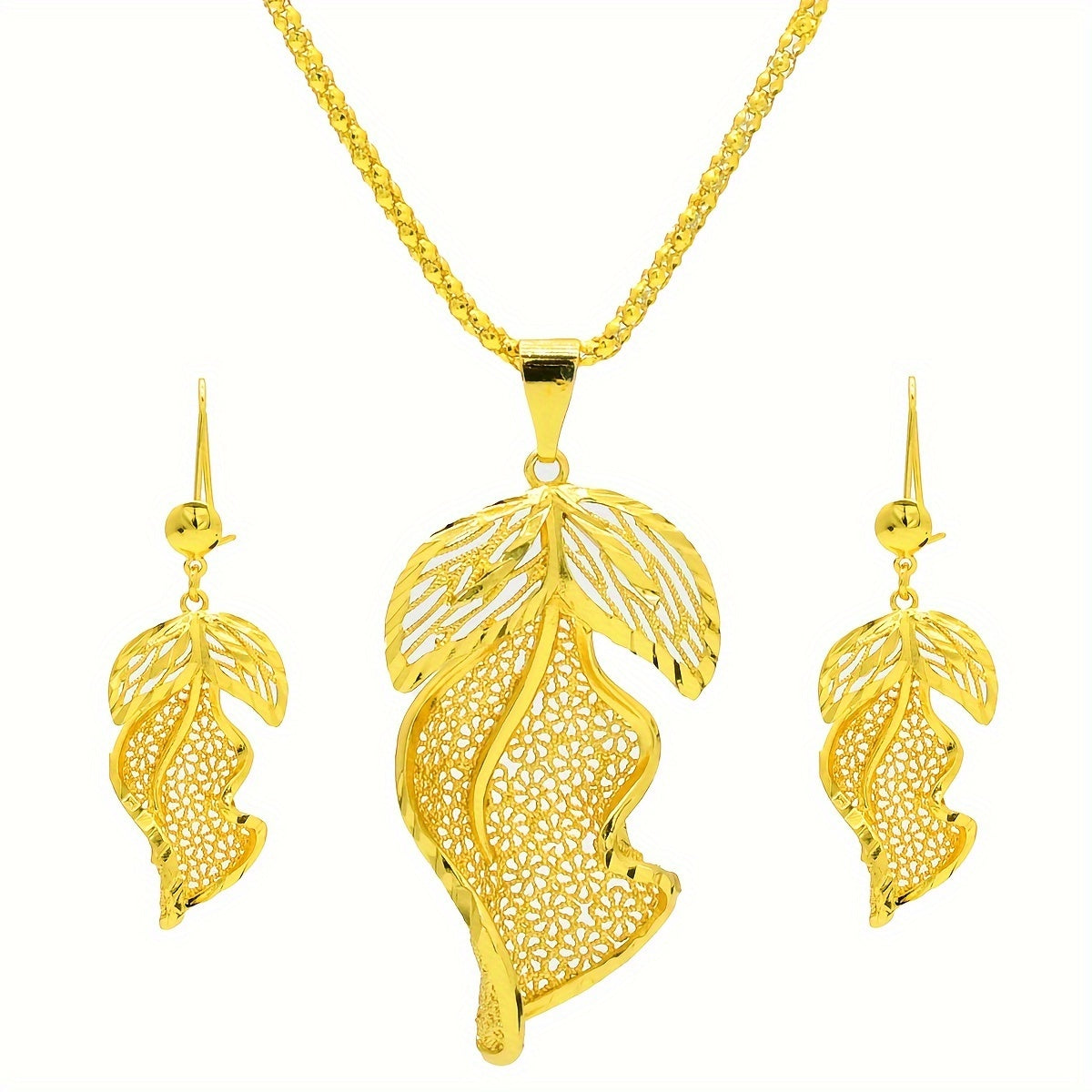 Bridal Wedding Jewelry Set with Hollow Leaf Earrings and Necklace, Set of 2 Pieces