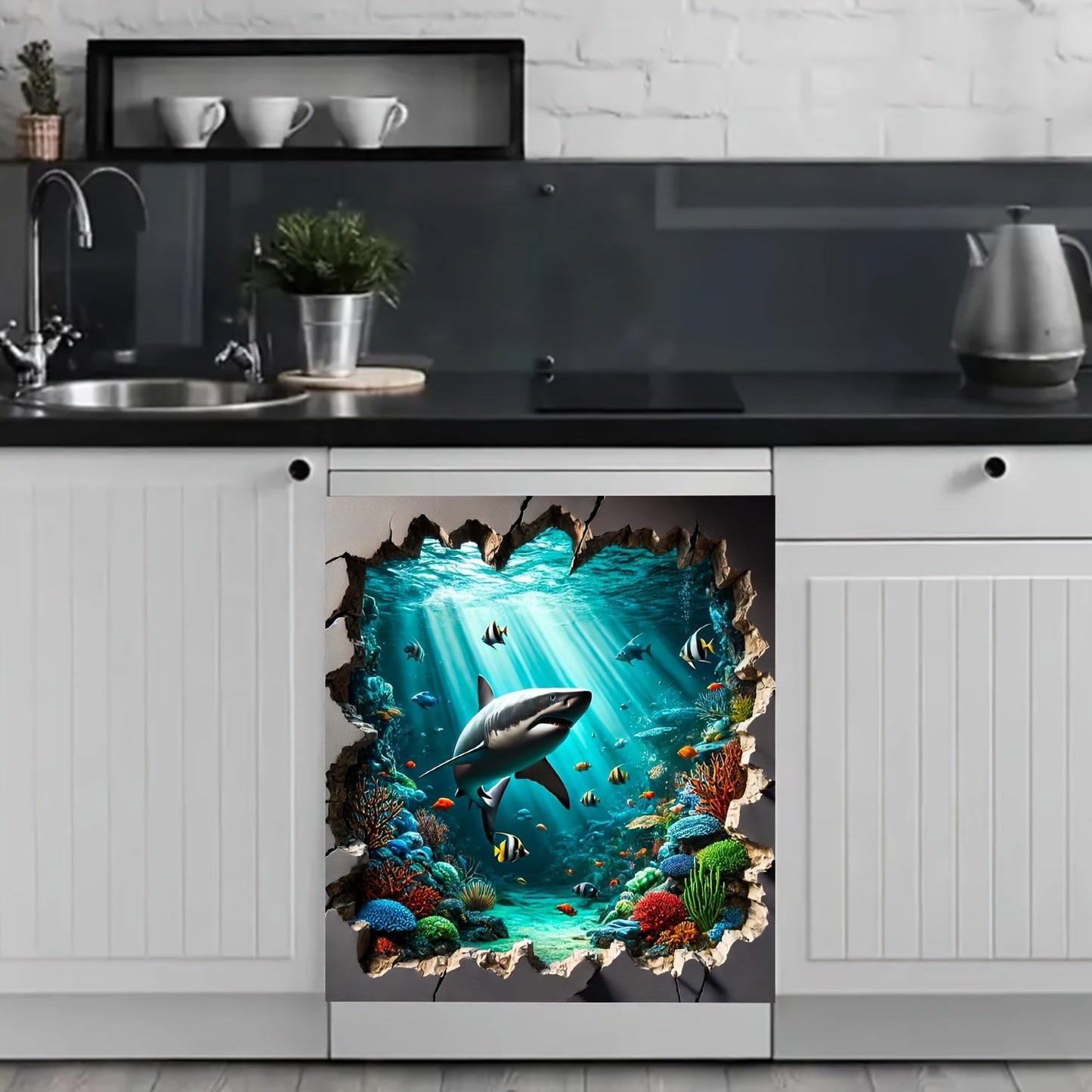 Vinyl Magnetic Dishwasher Cover featuring Underwater Shark Adventure - Waterproof, Heat Resistant, Easy to Clean. No Power Required. Portrait Orientation. Rectangular Sticker for Refrigerator Door Decoration in the Kitchen.