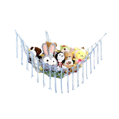 Large blue plush mesh hammock for storing toys in animal-themed corners, can also be used as a wall hanging decoration for plush toys.