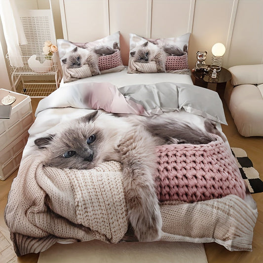 Polyester Duvet Cover Set with 3 Pieces (1 Duvet Cover and 2 Pillowcases, Core Not Included). Featuring a Stylish and Adorable 3D Cat Print, this All Season Bedding Set is both Fashionable and Comfortable. Perfect for Bedroom or Guest Room Use.