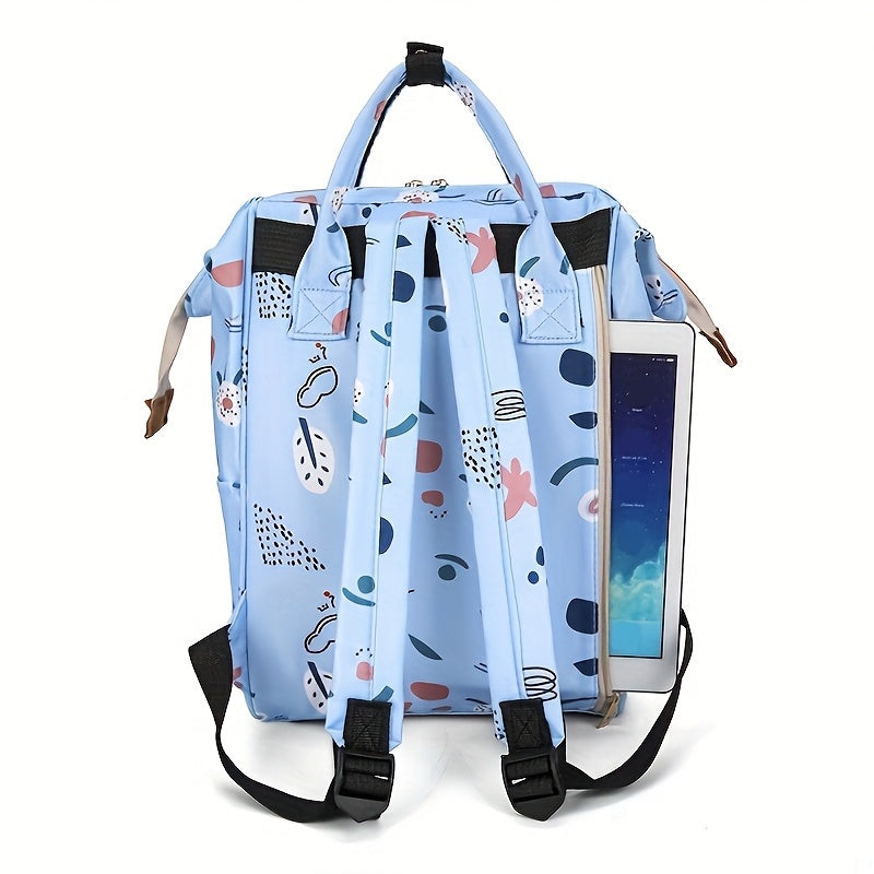 1 Oxford material diaper bag with adjustable shoulder straps, waterproof and stain-resistant, zip closure, polyester lining, cartoon and letter print design for outings.