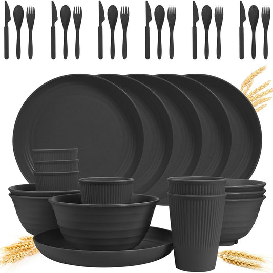 36-piece unbreakable and reusable plastic cutlery set in black, ideal for travel, camping, and everyday use. Dishwasher and microwave safe.