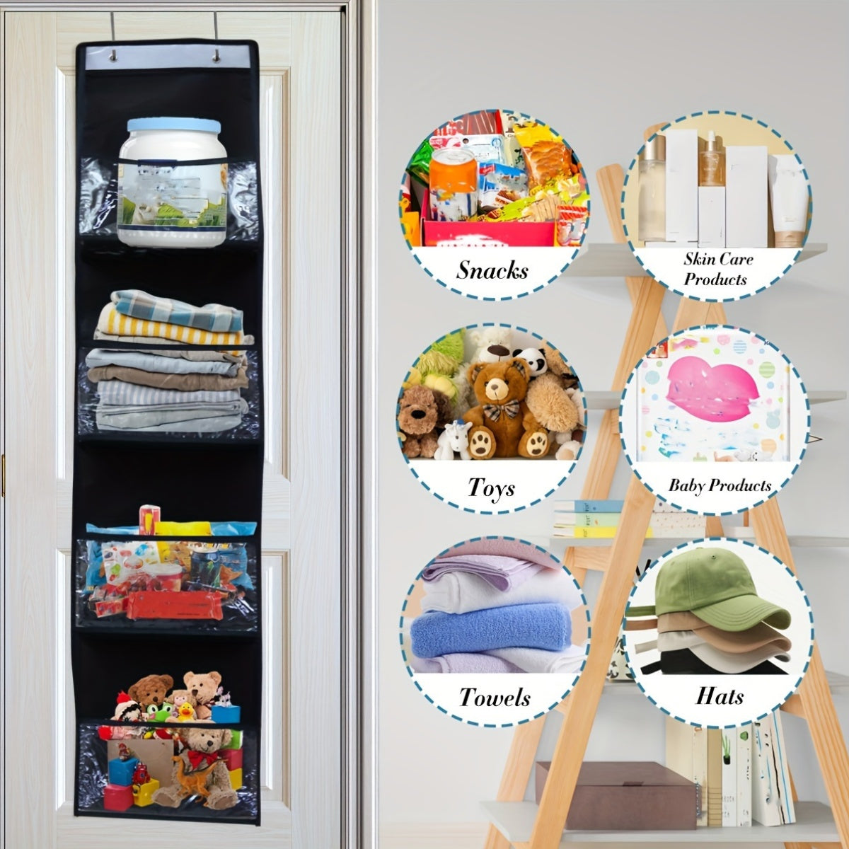 1 piece Over-the-Door Hanging Storage Organizer with 4 shelves - Versatile Polyester Storage Solution for Sundries, Toys, Books & Food. Waterproof design for Bedroom, Cloakroom, 14 inches.