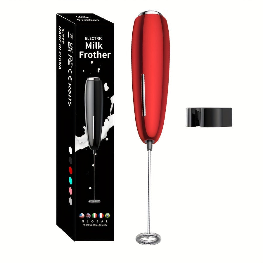 Battery operated handheld milk frother for creating creamy foam in drinks, perfect for coffee and cappuccinos.