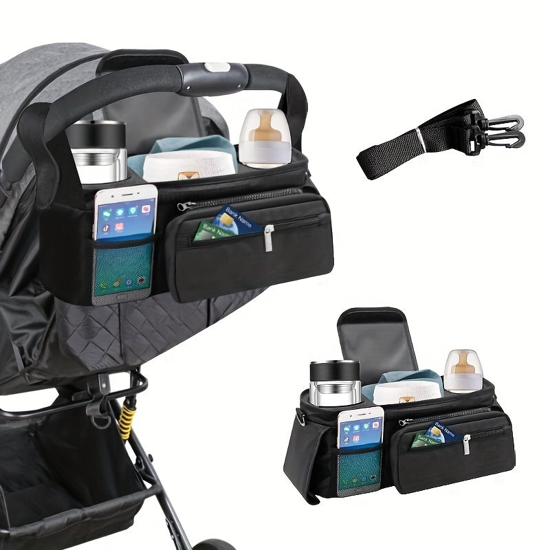 Black/Grey Universal Stroller Organizer for Moms, Features Insulated Cup Holder, Phone Pouch & Shoulder Strap. Fits Most Strollers and Pet Strollers. Durable Polyamide Material, Storage Hanging Bag Mommy Pack.