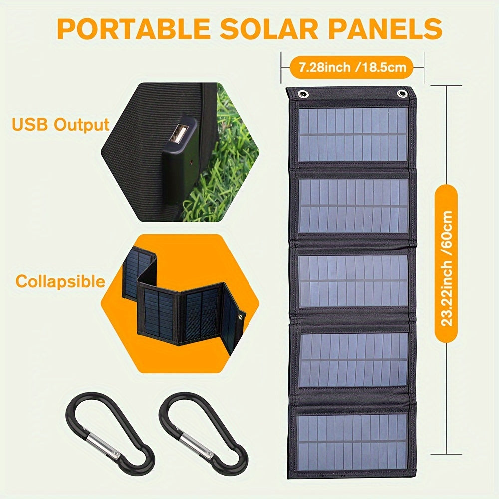 Portable foldable solar charger panel with high-efficiency monocrystalline silicon and USB charging for phones and fans. Ideal for outdoor camping and travel, with no battery and