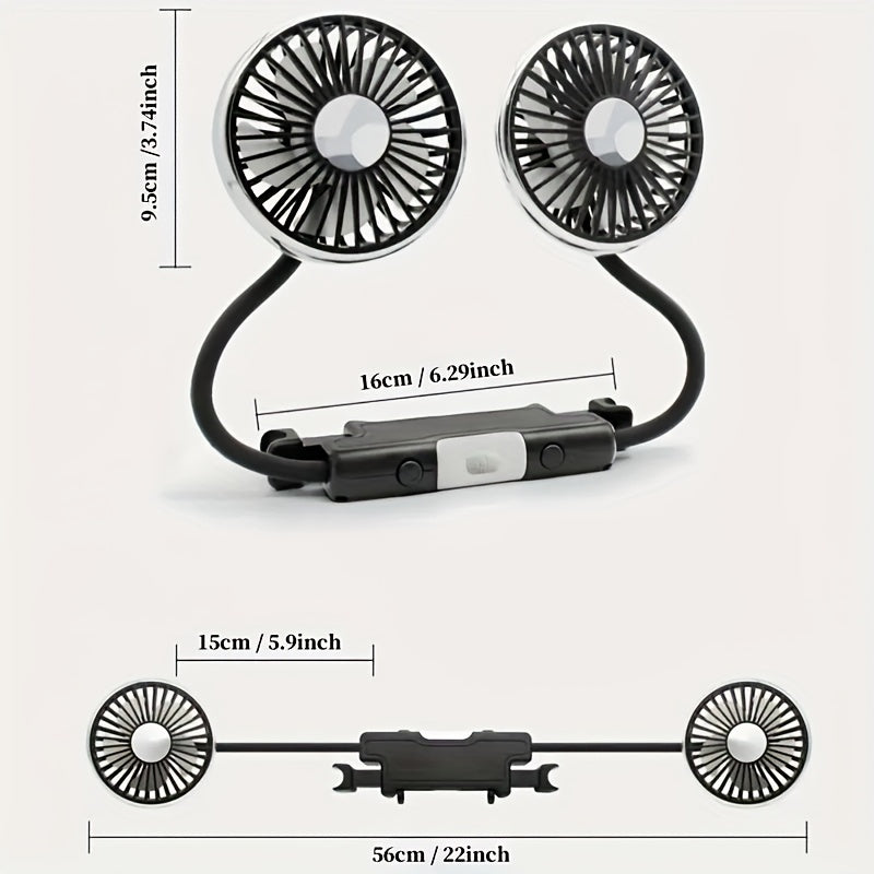 The Anirun Dual-Head Car Fan features adjustable angle, powerful wind output, and effortless installation. This fan is USB powered, requiring no batteries, making it ideal for all seating positions in your car.