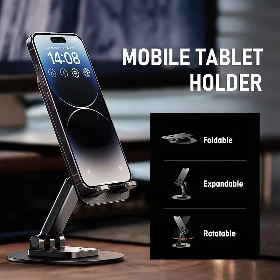 Aluminum multi-device stand with clip holder for phones, tablets, and game consoles - ergonomic, foldable, and adjustable, 360° rotatable table holder, not waterproof.