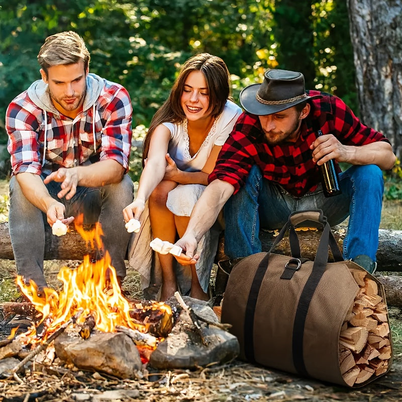 Large Capacity Log Tote with Reinforced Handles, Heavy-Duty Canvas Firewood Carrier Bag for Fireplace, Camping, and BBQ - 1 Piece