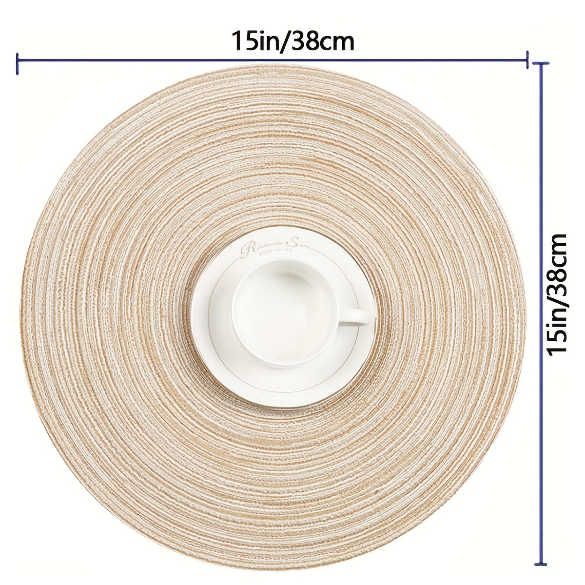 Set of 6 washable round braided placemats for kitchen table, measuring 38.1 cm in diameter.