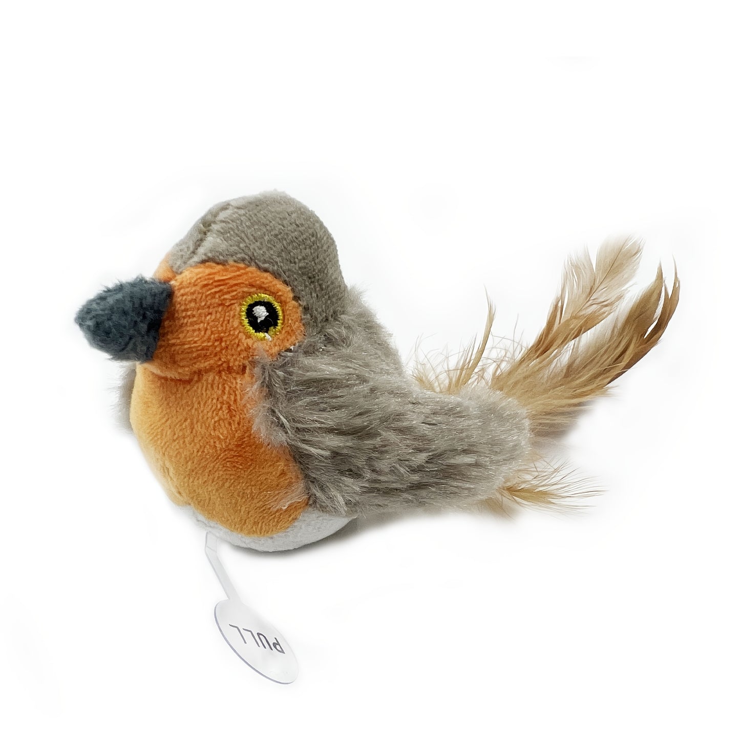 Sparrow-shaped fabric pet toy with animal print, battery-operated. Safe button battery for interactive play with cats of all sizes.