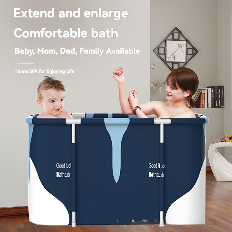 Adults' foldable freestanding bathtub for two, made of thick PVC in blue and white marble pattern with "GOOD LUCK BATHHUB" design, easy to use without installation.