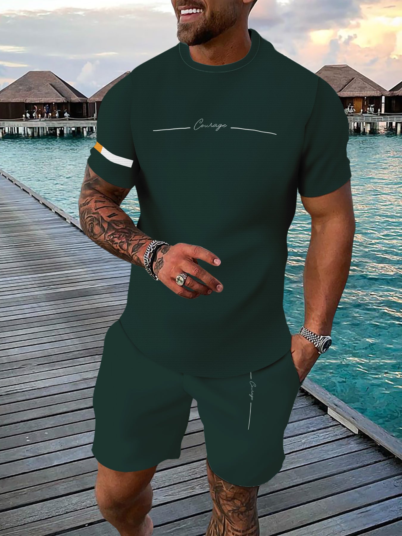 Breathable outdoor casual men's T-shirt and pants suit with 3D printing for adult men in summer