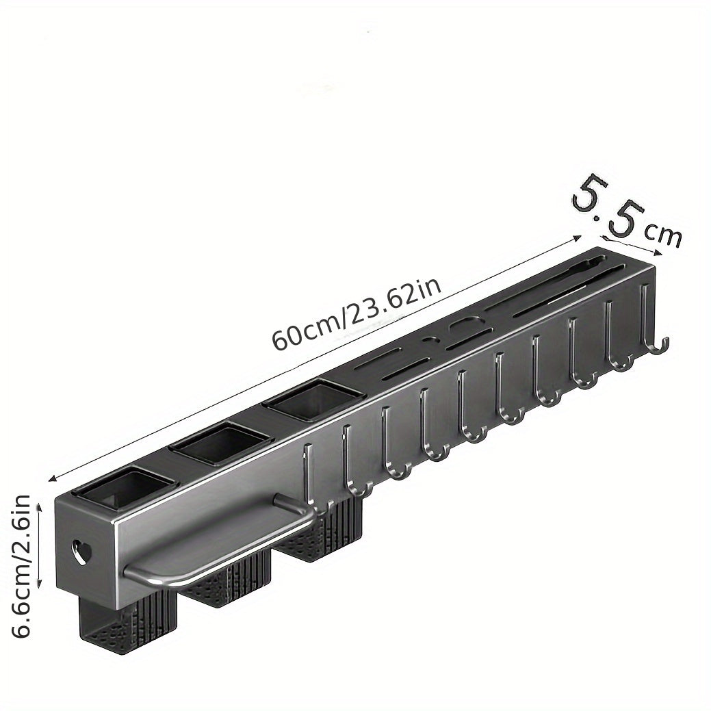 Wall-mounted carbon steel kitchen organizer featuring a no-drill design. This multi-functional rack is perfect for storing knives, forks, spoons, and chopsticks, with added features such as drainage and a towel holder.