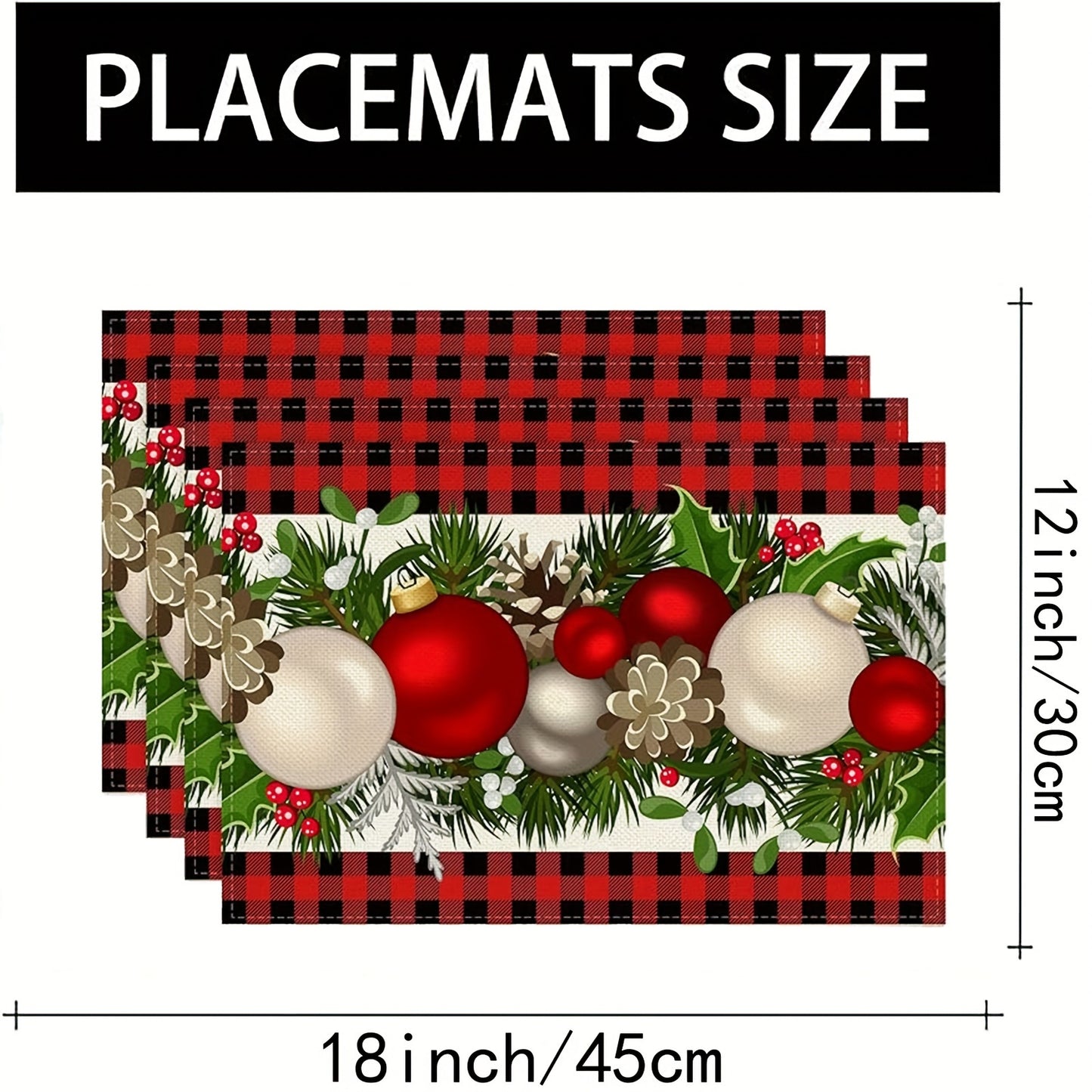 Farmhouse style Christmas placemats in red and black buffalo check plaid set of 4, measuring 30.48x45.72cm.