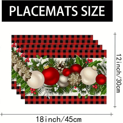 Farmhouse style Christmas placemats in red and black buffalo check plaid set of 4, measuring 30.48x45.72cm.