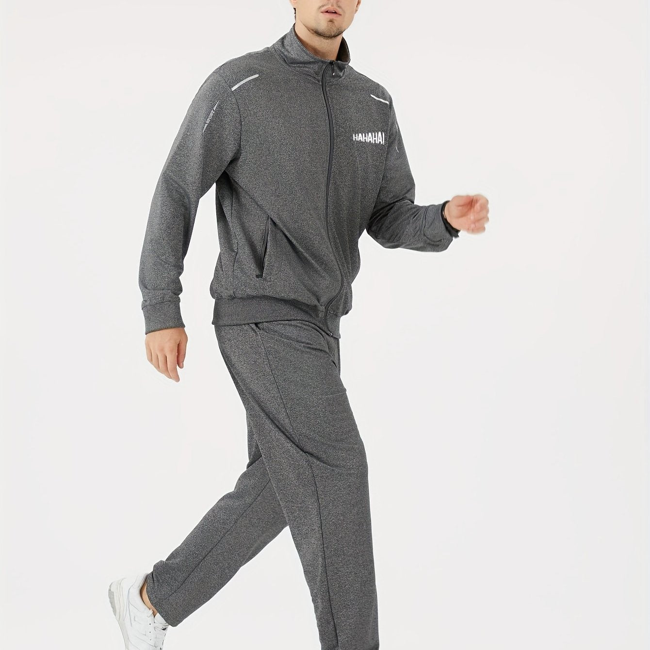 Men's two-piece casual sports suit with stand collar open shirt for spring and autumn.