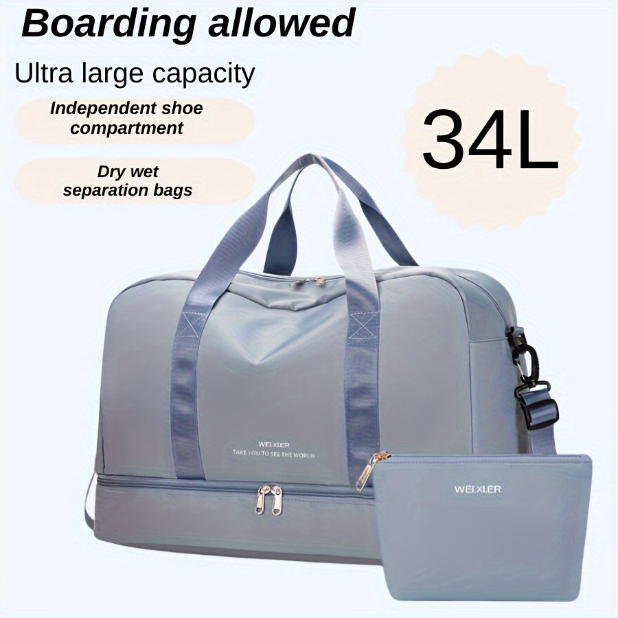 Fashionable travel bag with detachable pouch, perfect for sports and fitness, makeup, and weekend trips.