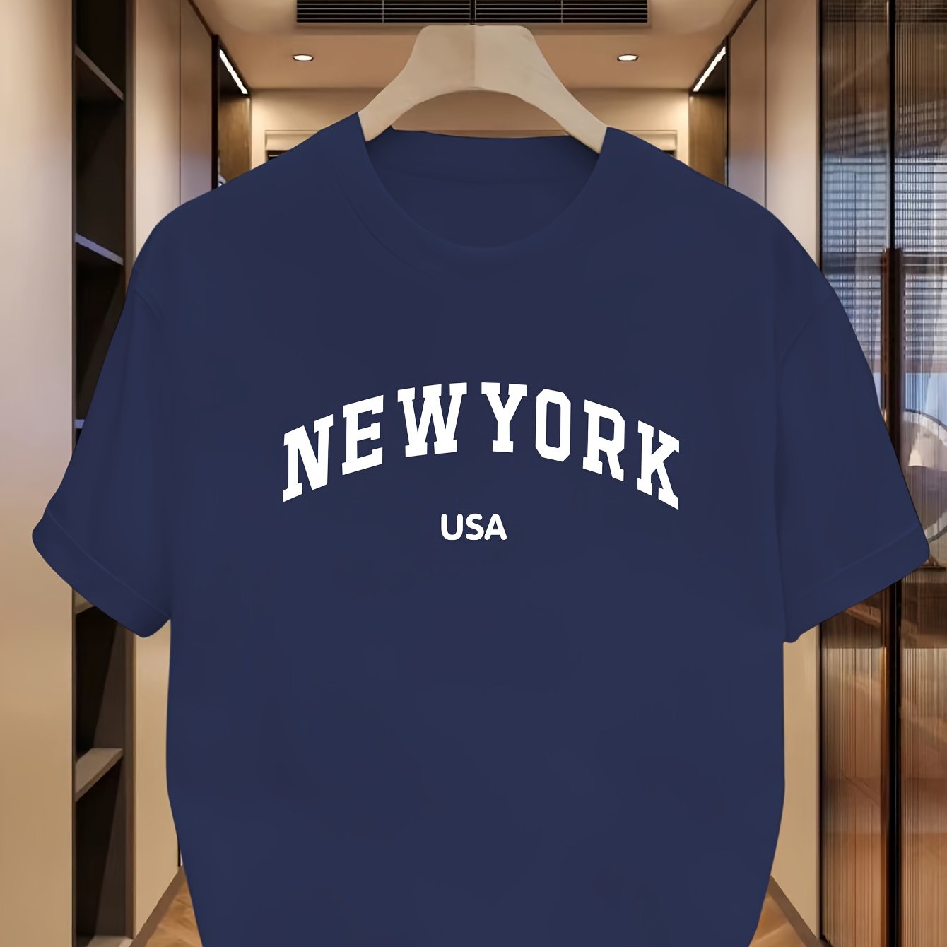 Erkaklar uchun tasodifiy krujka bo'yinli futbolka, NEW YORK USA bosma, 95% Polyester 5% Elastan, Biroz cho'ziluvchan, Oddiy kesim, Yozgi kiyim, 180gsm.