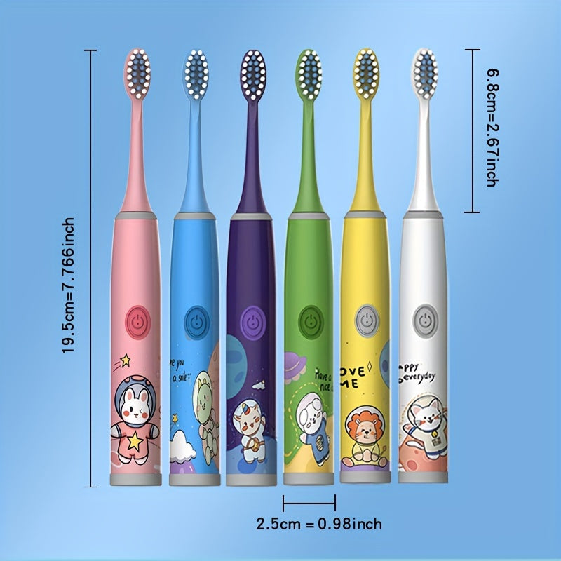 Cartoon Space Series Electric Toothbrush with 5 brush heads, battery powered, soft bristle, 2-minute timer, deep clean, cavity protection, perfect birthday gift.