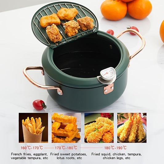 A stainless steel household deep fryer with tempura capabilities, featuring oil splash prevention, visible oil temperature gauge, easy cleaning, and compatibility with both gas stoves and induction cookers.