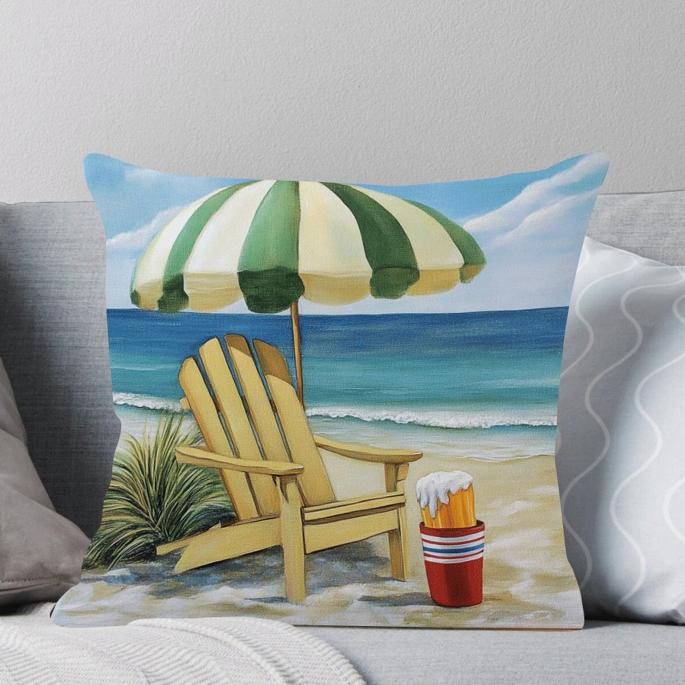 Flannel Beach Chair and Umbrella Pillowcase, Modern Summer Holiday Theme, 45.72x45.72cm in Size, Zippered Square Cushion Cover for Sofa, Bedroom, Living Room, Car - Machine Washable, All-Season Comfort, Perfect for Back Sleepers.