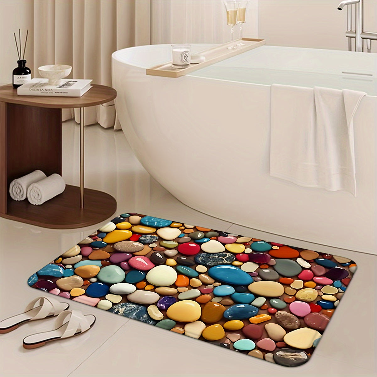 This bath rug features a stylish pebble pattern and is made from 100% polyester flannel for a soft and luxurious feel. It is non-slip, absorbent, and quick-drying, making it perfect for use in the shower. This mat is also machine washable, making it easy