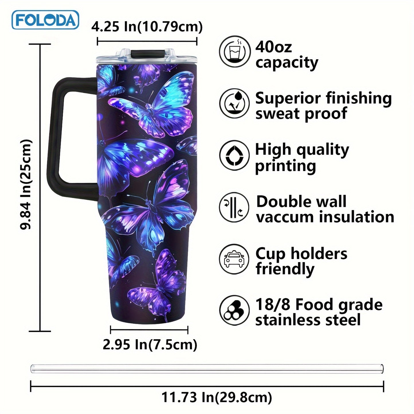 FOLODA 40oz stainless steel tumbler with butterfly design, straw included. Ideal gift for sisters for various occasions. Suitable for running and outdoor activities.