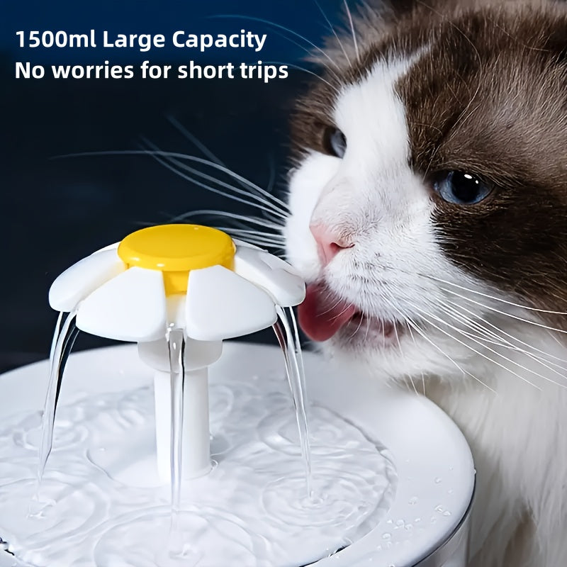 Silent USB pet water fountain for cats and dogs, 1.5L capacity, made of food-grade PP material.