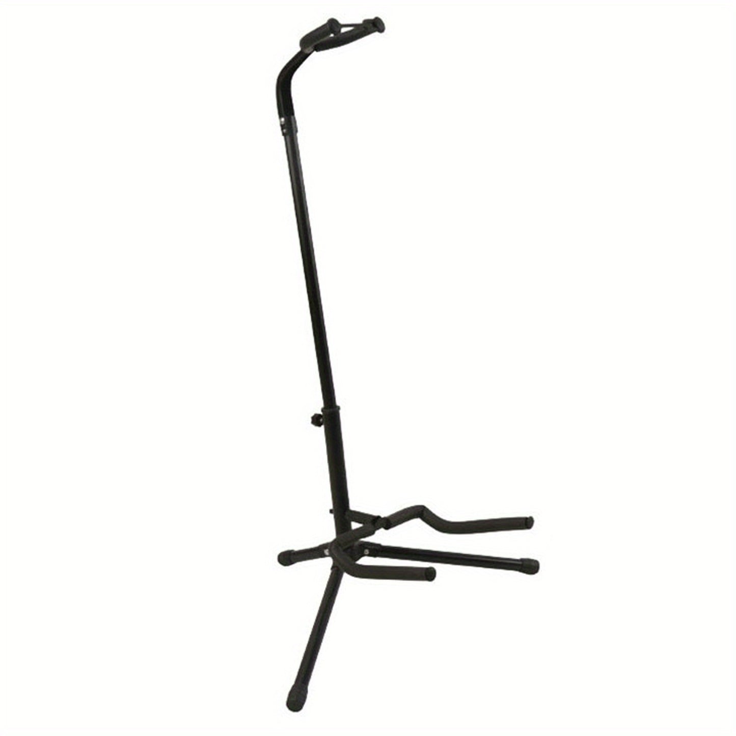 Vertical guitar stand with X-shaped base for stability, ideal for displaying acoustic and electric guitars in bedroom.