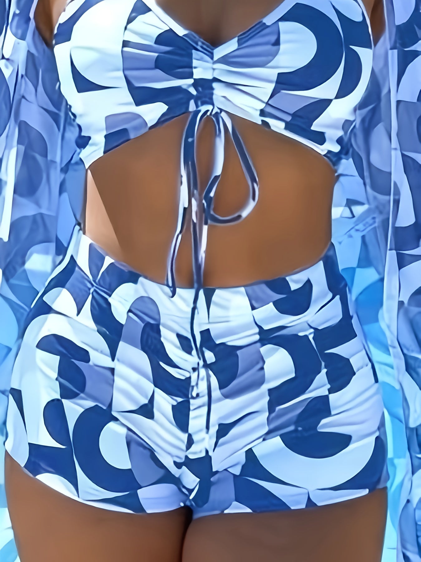 3-piece swimsuit for women with high-waist bottoms, long sleeve cover-up, and contrast color print bikini set, perfect for beach vacation.