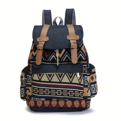 Boho Chic Women's Denim Backpack with Geometric Tribal Pattern, Adjustable Straps, Large Capacity, Multiple Compartments, Zippered Pockets, Blue & Brown Design.