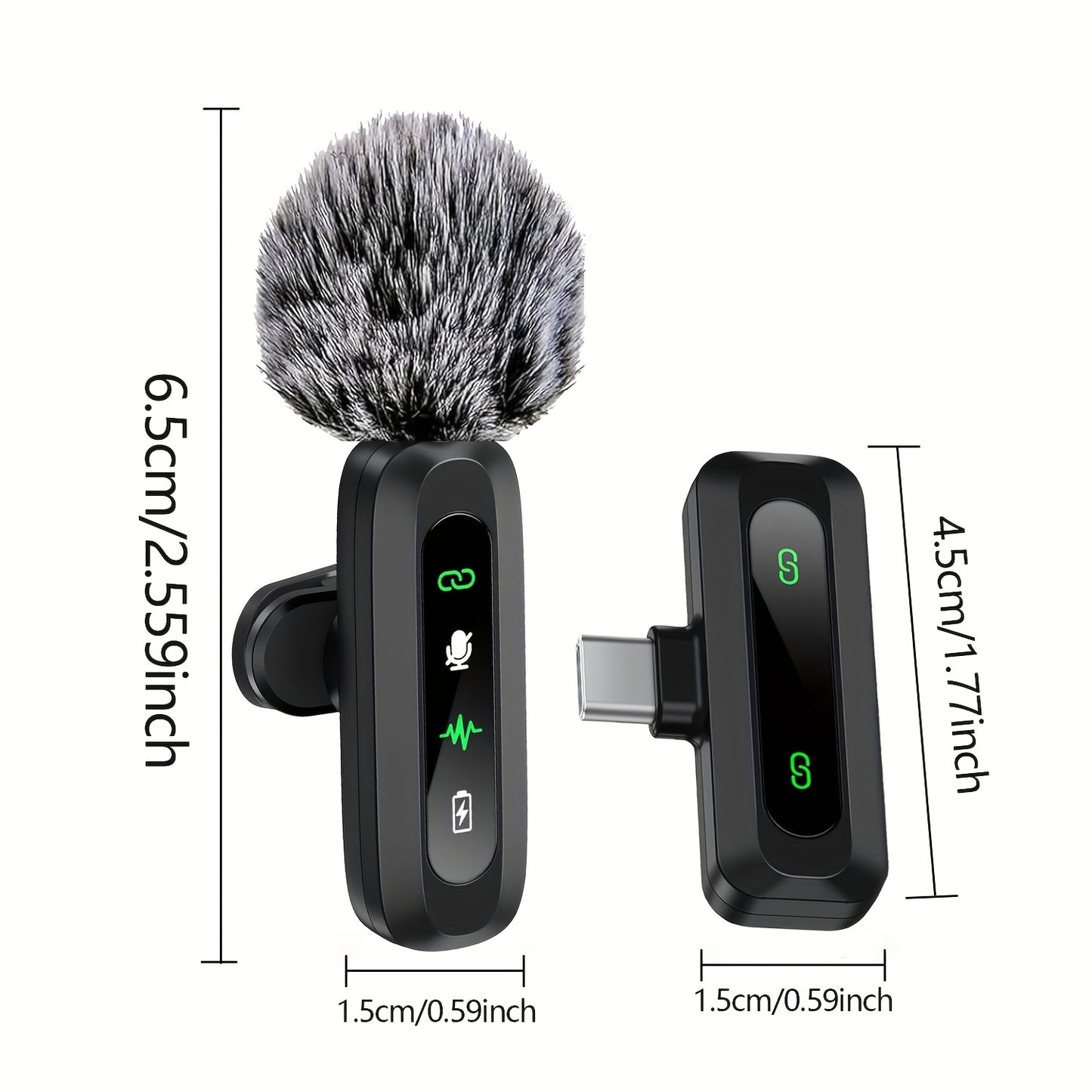 Wireless clip-on microphone with one-click recording, USB-C charging, and battery indicator - perfect for streaming and broadcasts.