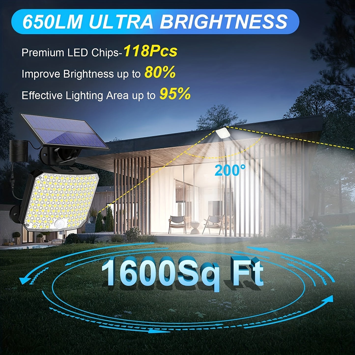 118 LED Solar Motion Sensor Flood Lights with Remote Control, 5.03m Cable, for Outdoor Security